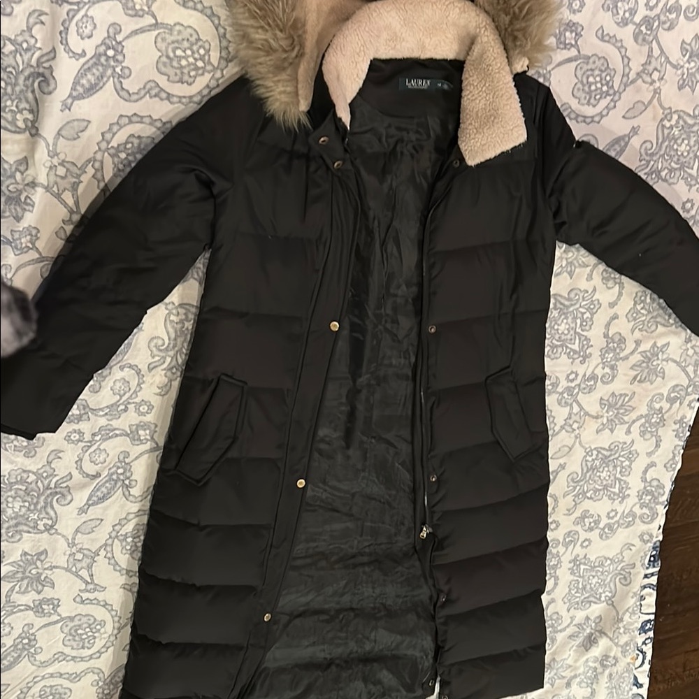 Lauren Ralph Lauren Black Long Puffer Coat with Faux Fur-Trim Hood